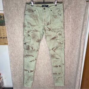Serenede Jeans Acid Wash Marbled Men's 34 Cargo Stacked Skinny Green Brown